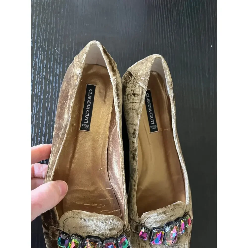 Stunning Claudia Ciuti Velvet Loafers with Faux Alexandrite Jeweled Accents